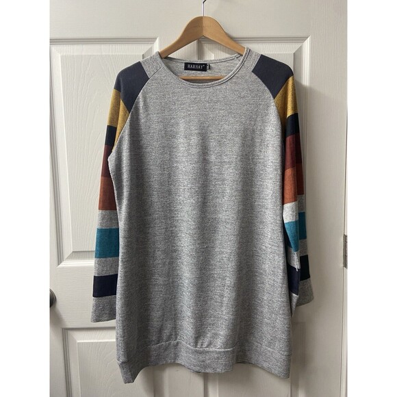 Harhay Sweater Womens Plus Size XXL Gray Knit Striped Sleeve Tunic Top EUC - Picture 1 of 8